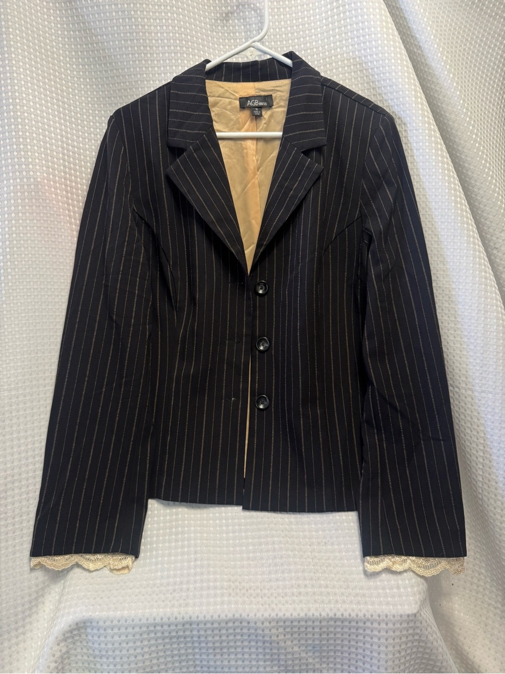 AGB Black Pinstripe Blazer with Lace Trim